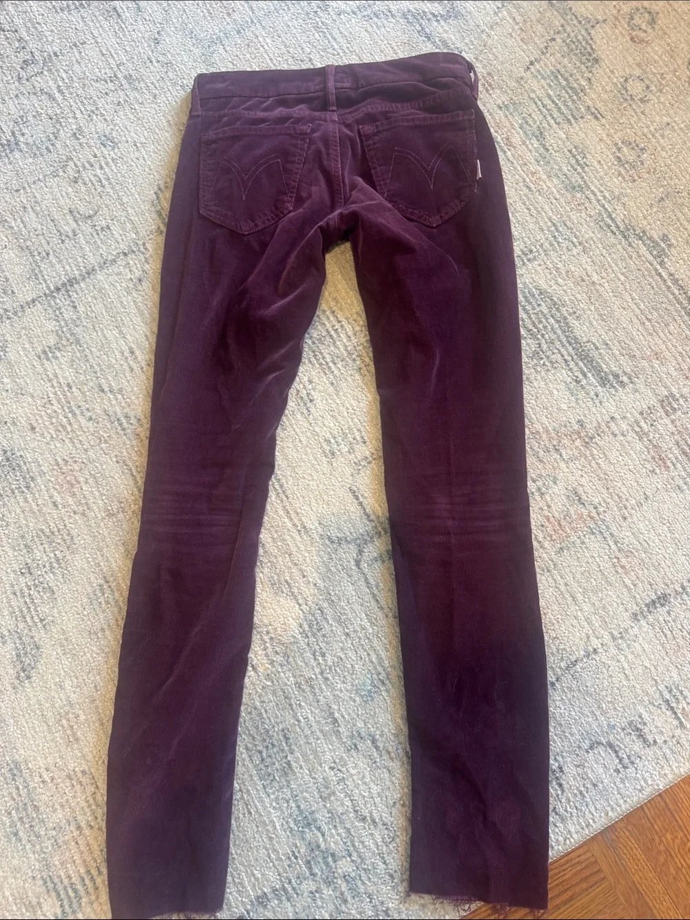 MOTHER the looker Women's Corduroy Pants in Deep Plum with frayed hem